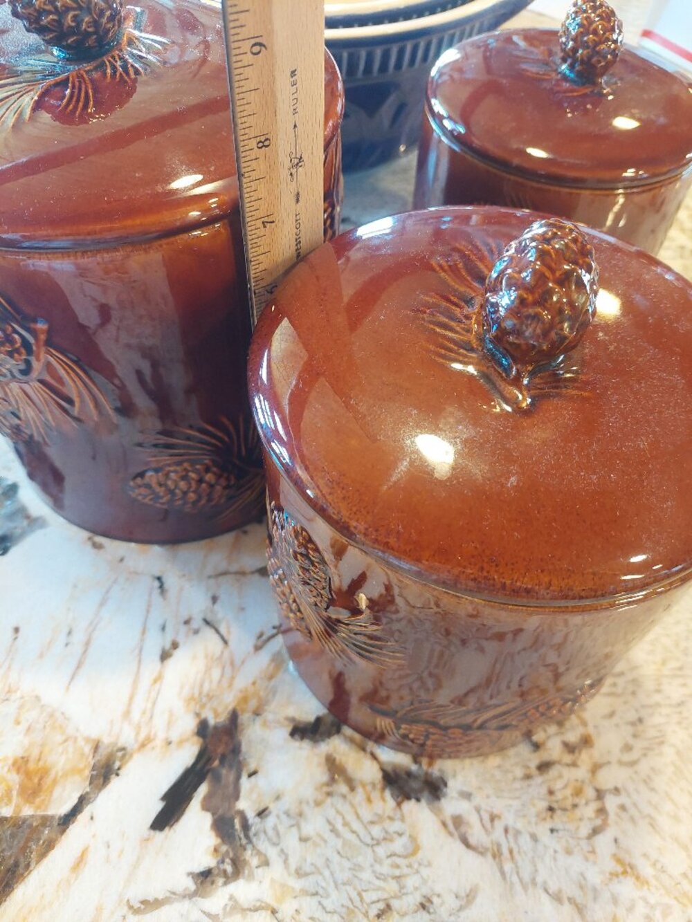 RARE Fusion Pinecone by BIG SKY CARVERS, 3 piece, warm brown Canister set